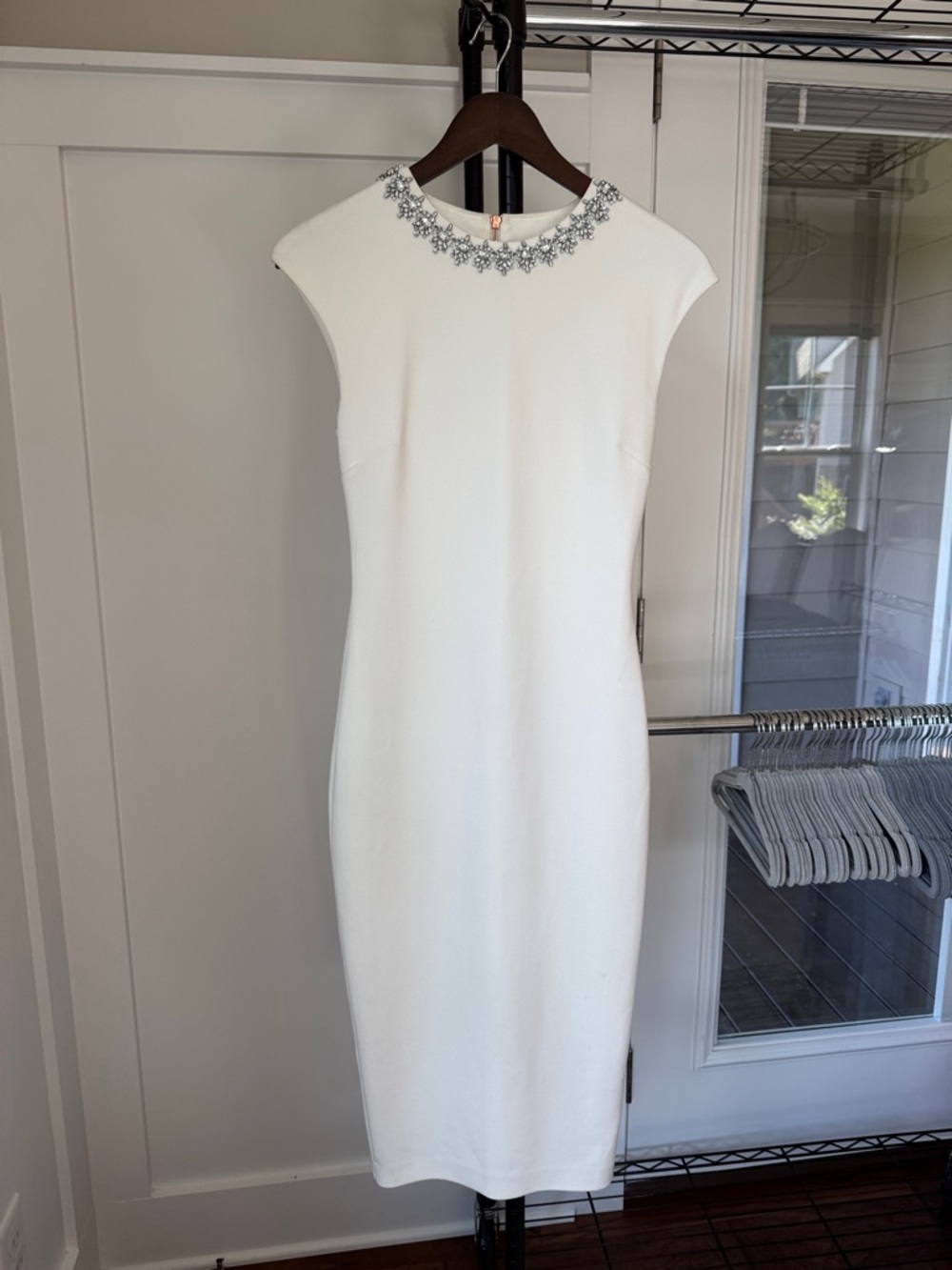 Ted Baker White Midi Sheath Dress with Crystal-Embellished Neckline